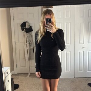 H&M Black Ribbed Bodycon Dress Turtleneck Long Sleeve